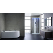 Modernes Badezimmer mit EAGO AWT GE111TSL Eckwhirlpool, Duschkabine mit LED-Beleuchtung, Waschtisch und großformatiger Wandfliesen in Grau