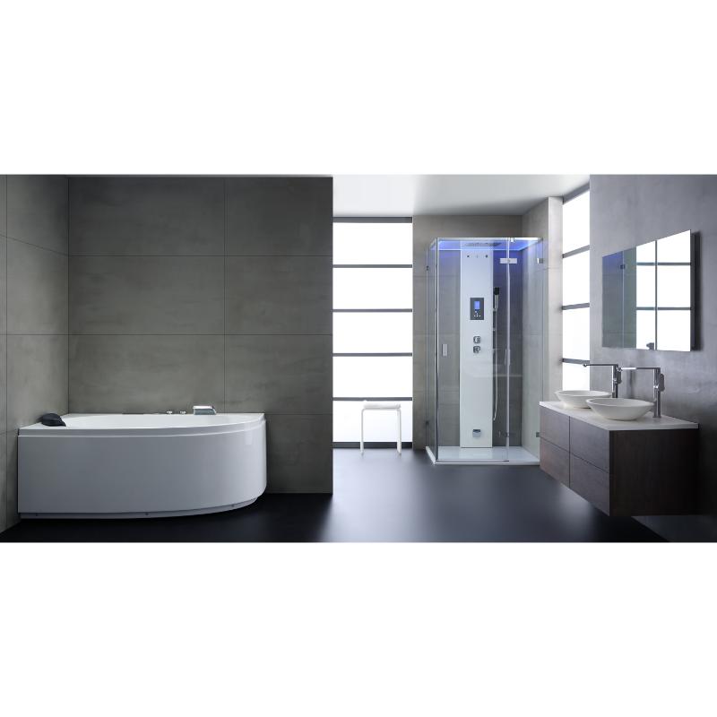 Modernes Badezimmer mit EAGO AWT GE111TSL Eckwhirlpool, Duschkabine mit LED-Beleuchtung, Waschtisch und großformatiger Wandfliesen in Grau