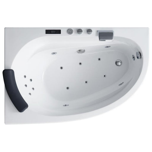 Weißer EAGO Whirlpool AWT GE111TSL mit ergonomischem Design, Massagedüsen an Rücken und Beinen, digitales Bedienfeld, schwarze Kopfstütze, moderne 150x100 cm Eckwanne für entspannende Bäder.
