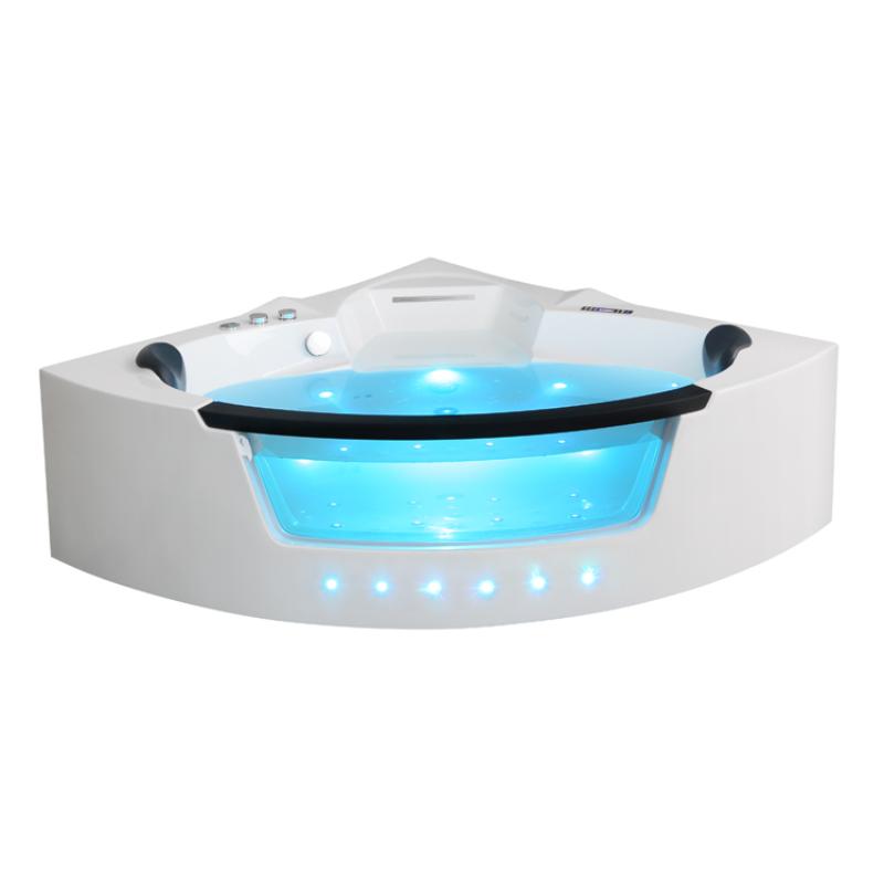 Weiße Eck-Whirlwanne EAGO AWT GE113-1TSL mit blauem Wasser, LED-Beleuchtung und schwarzen Kopfstützen für zwei Personen