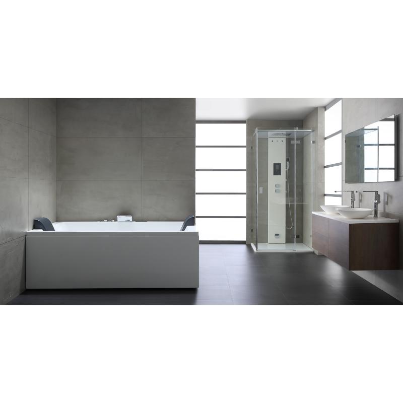 Modernes Badezimmer mit EAGO AWT GE120TSL Whirlpool in Weiß, Duschkabine und Waschtisch in minimalem Design mit Betonoptik-Wandverkleidung und großflächigen Fenstern