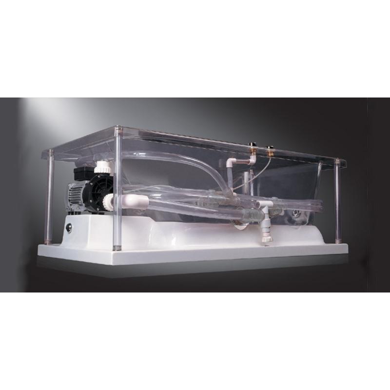 EAGO AWT GE120TSL Indoor Whirlpool mit transparentem Acrylbecken, sichtbarem Motor und technischer Ausstattung auf weißer Basis, Seitenansicht