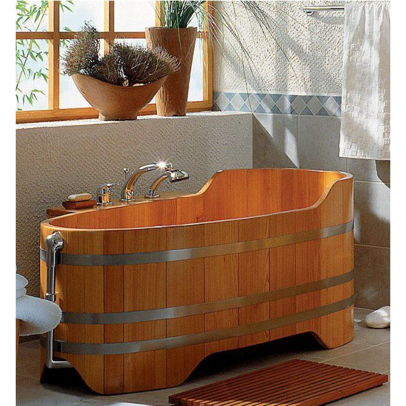 Seitenansicht einer Lärchenholz-Badewanne mit nachspannbaren Bandstahlreifen und Clicker-Ventil