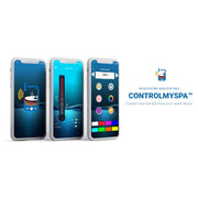 Drei Smartphones zeigen die ControlMySPA App von Balboa mit Funktionen zur Whirlpool-Steuerung: Temperaturanzeige, Heizsystem, Zonen-Auswahl, Beleuchtungsoptionen und Farbpalette für Smart-Geräte-Kontrolle.