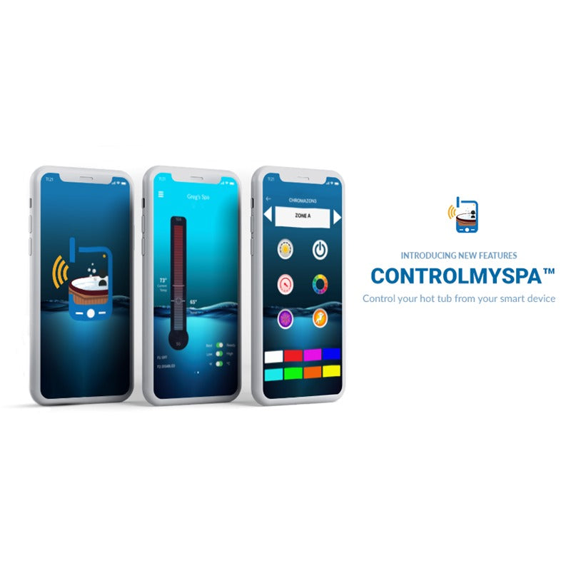 Drei Smartphones zeigen die ControlMySPA App von Balboa mit Funktionen zur Whirlpool-Steuerung: Temperaturanzeige, Heizsystem, Zonen-Auswahl, Beleuchtungsoptionen und Farbpalette für Smart-Geräte-Kontrolle.