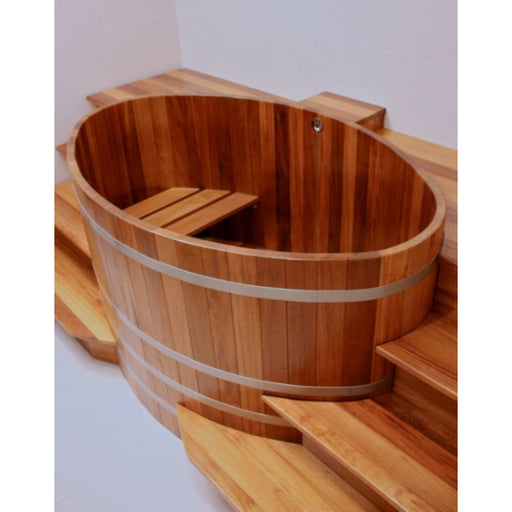 Handgefertigter Blumenberg Sauna-Tauchbottich aus Holz mit Metallbändern, Sitzbank im Inneren, auf Holzgestell stehend