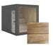 Thermo-Kiefer Sauna Jonas Large – Außenansicht in dunkler Fassadenverkleidung, Detailansicht der wärmebehandelten Kiefernholzoberfläche.