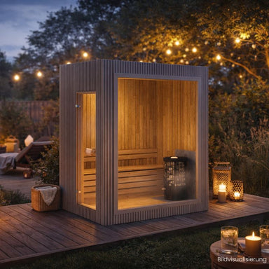 Celsium Jonas Mini Gartensauna mit Holzinterieur und Glasfront bei Dämmerung, stimmungsvolle Beleuchtung im modernen Garten