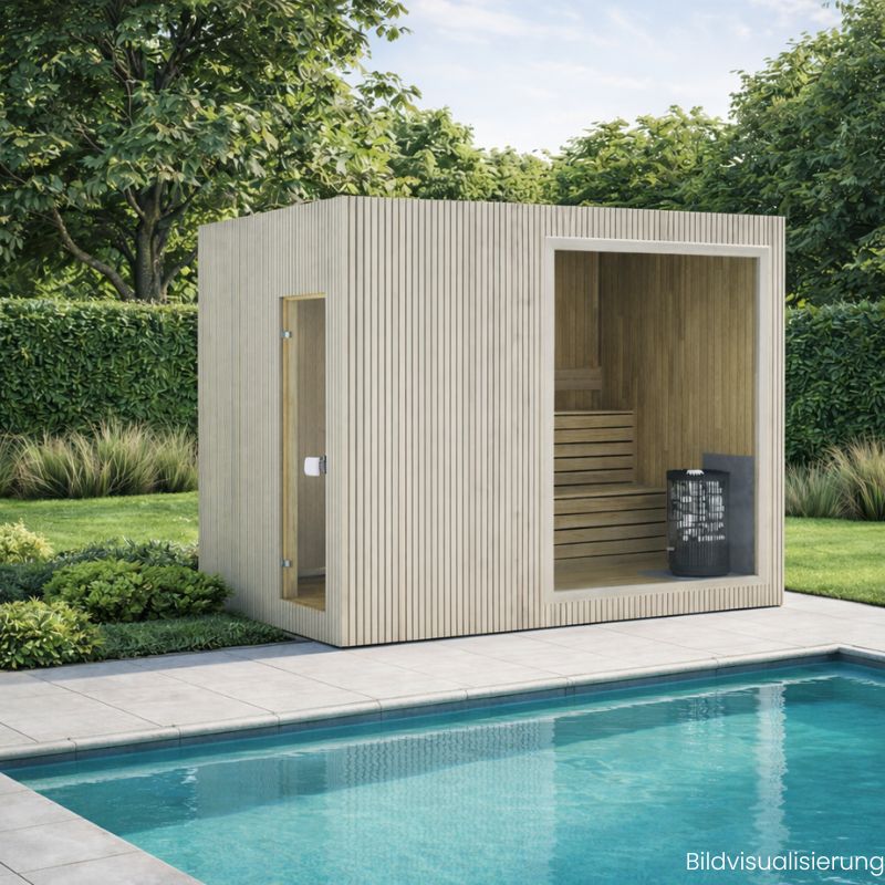 Celsium Jonas Classic Lounge Sauna für bis zu 6 Personen (342x216 cm) neben Pool im modernen Garten mit großer Glasfront