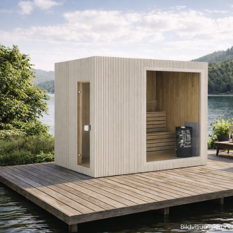 Celsium Jonas Classic Lounge Sauna für bis zu 6 Personen (342x216 cm) auf Holzdeck am See in natürlicher Outdoor-Wellness Umgebung