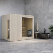 Celsium Jonas Classic Lounge Sauna für bis zu 6 Personen (342x216 cm) in modernem Spa-Badezimmer mit freistehender Badewanne