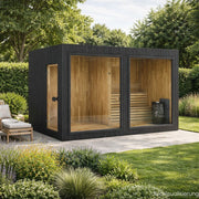 Celsium Jonas Classic Lounge Sauna mit Glasfront  in moderner Garten-Wellness Umgebung