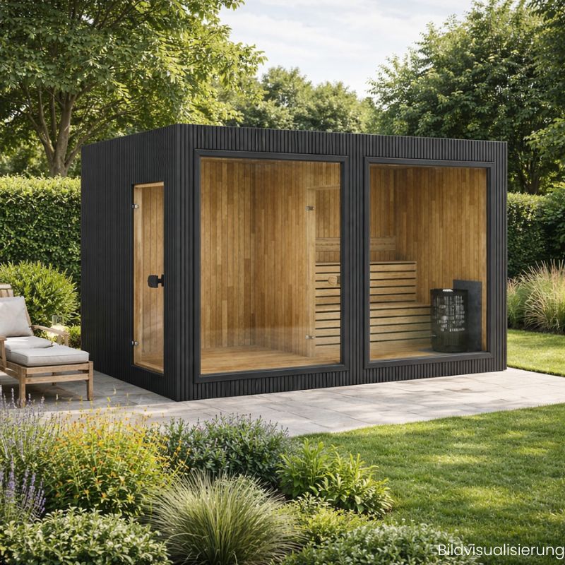 Celsium Jonas Classic Lounge Sauna mit Glasfront  in moderner Garten-Wellness Umgebung