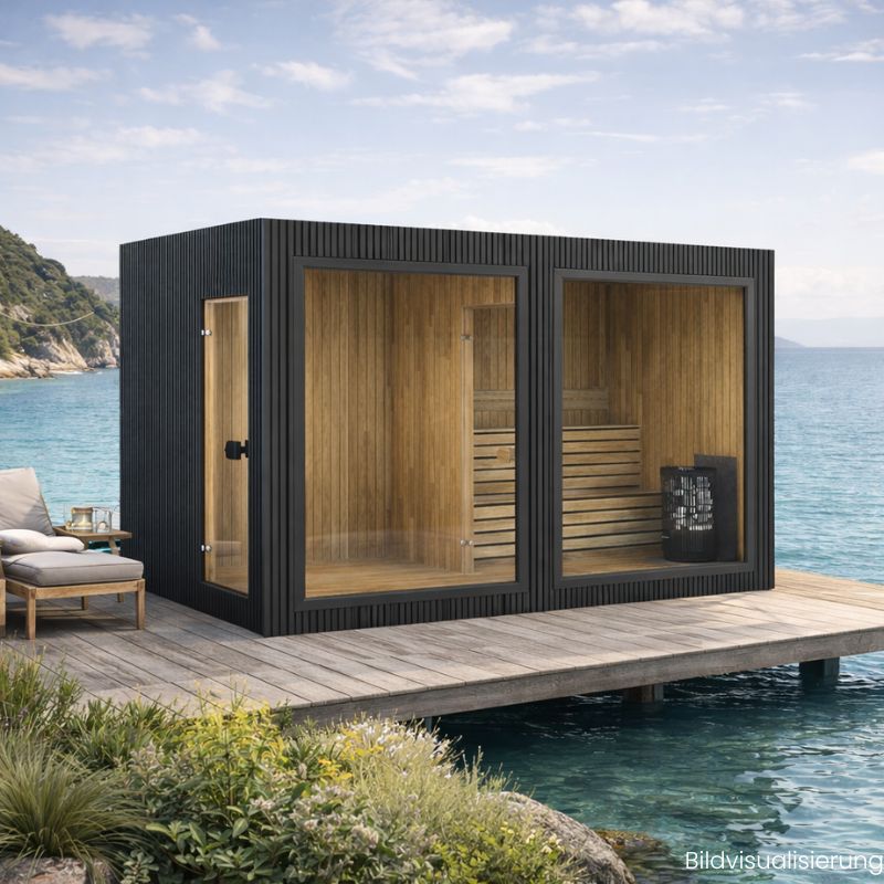Celsium Jonas Classic Lounge Sauna mit Glasfront am Meer auf Holzterrasse in natürlicher Küstenlandschaft