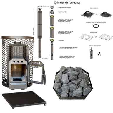 Cozy 12 O Holzsaunaofen Komplettset mit Schornstein, Saunasteinen, Bodenplatte und Zubehör zur Innenbefeuerung
