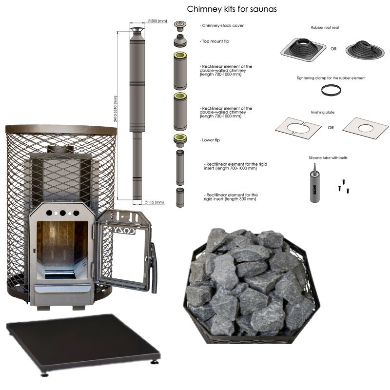 Cozy 12 O Holzsaunaofen Komplettset mit Schornstein, Saunasteinen, Bodenplatte und Zubehör zur Innenbefeuerung