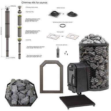 Cozy 12 O-TW Holzsaunaofen Standard-Komplettset mit Schornstein, Saunasteinen, Bodenplatte und Zubehör für Außenbefeuerung