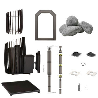 Lieferumfang des Cozy 12 SW-TW Saunaofen-Sets mit Außenbefeuerung: Seitenansicht des Ofens mit Frontcover, separatem Steinkorb, ca. 120 kg Saunasteine, Schornsteinset mit Anschlusselementen, Bodenplatte sowie umfangreichem Montagezubehör.