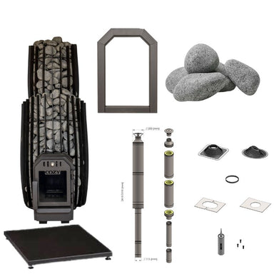 Visualisierung des vollständigen Lieferumfangs des Cozy 12 SW Saunaofen-Sets: Holzofen mit Steinkorb, ca. 120 kg Saunasteine, Schornsteinset mit Anschlusselementen, Bodenplatte, Frontcover für TW-Version sowie Zubehör für Montage und Anschluss.