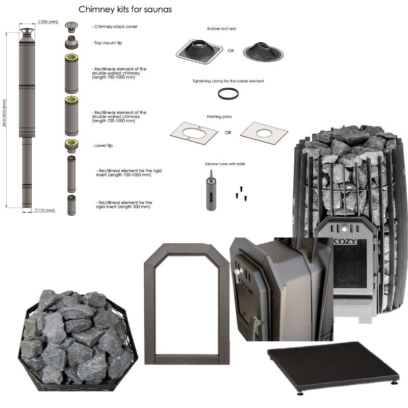 Cozy 18 SW-TW Saunaofen Komplettset mit Außenbefeuerung – seitliche Ansicht des Holzofens, Saunasteine, Schornsteinset, Einbaurahmen, Bodenplatte und Montagematerial im Überblick