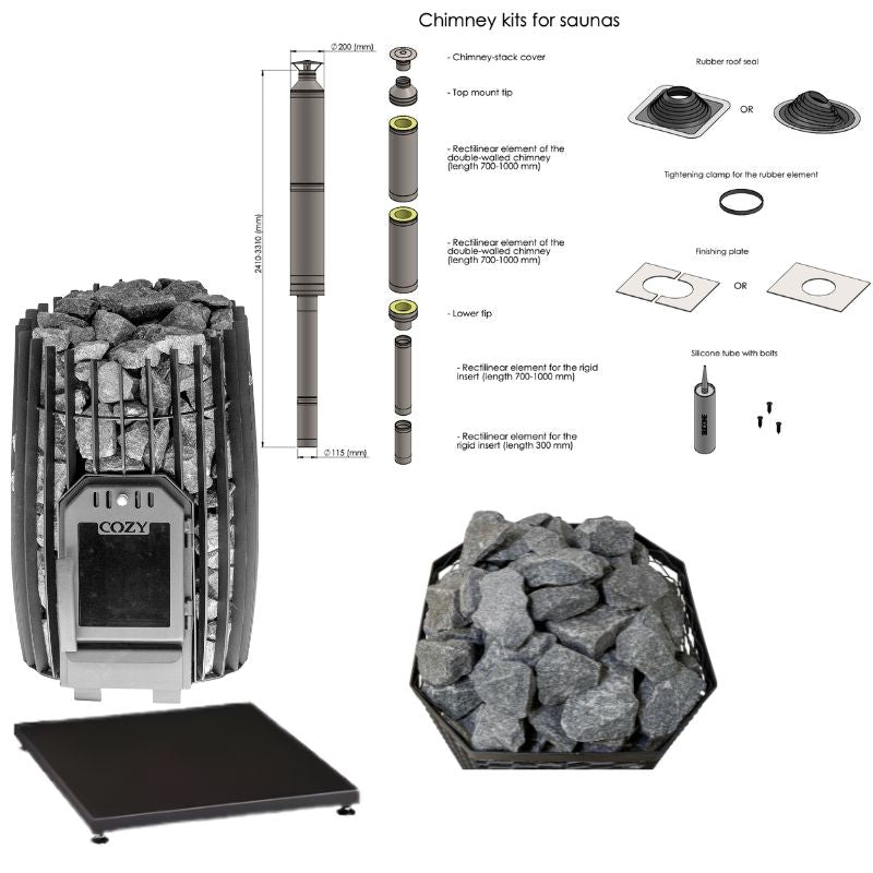 Cozy 18 SW Saunaofen Komplettset mit Holzofen, Schornsteinset, Bodenplatte, Saunasteinen, Montageset