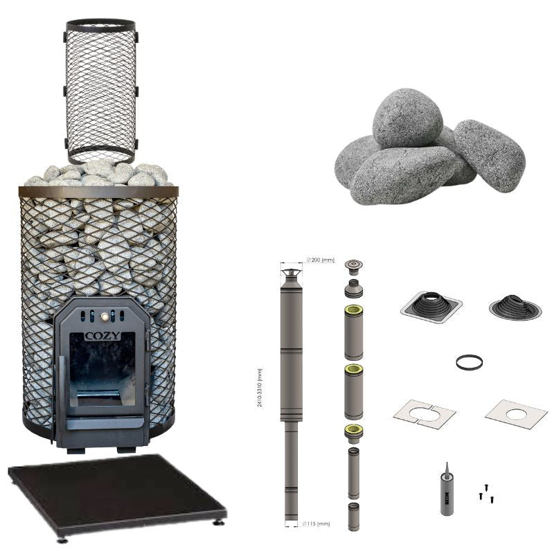 Cozy 18 O Holzsaunaofen Komplettset mit Schornstein, Bodenplatte, Tunnelrahmen, Saunasteinen und Zubehör zur Montage. Ideal für Saunen bis 20 m³.