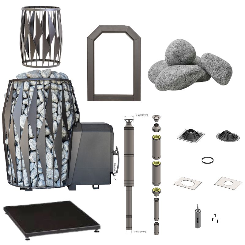 Darstellung des Lieferumfangs des Cozy 18 OG-TW Wandmodells, inklusive Saunaofen mit seitlichem Brennraum, Saunasteine, Einbaurahmen, Bodenplatte, Rauchrohrsystem und Montagematerial.