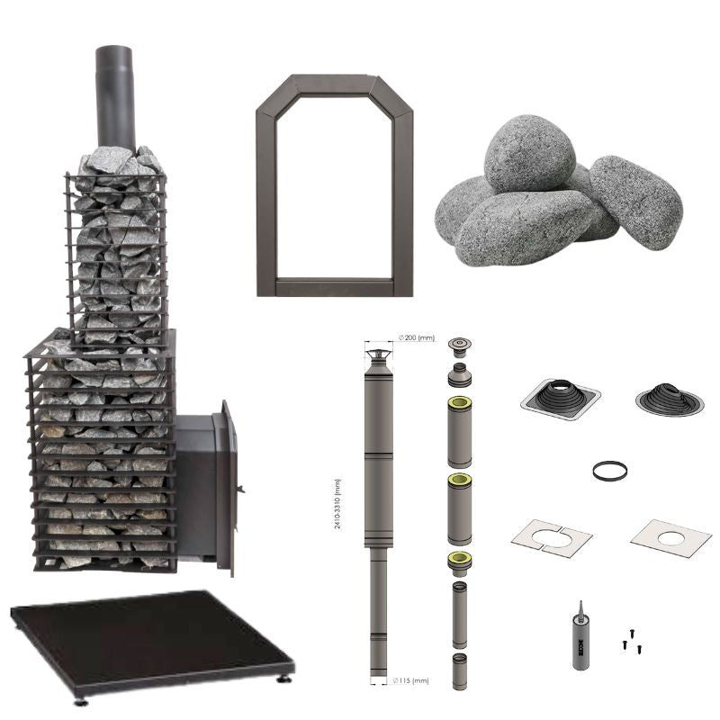 Cozy 18 Quattro Holzsaunaofen Komplettset in Seitenansicht – mit Saunasteinen, Schornsteinset, Bodenplatte, Türrahmen und Zubehörteilen
