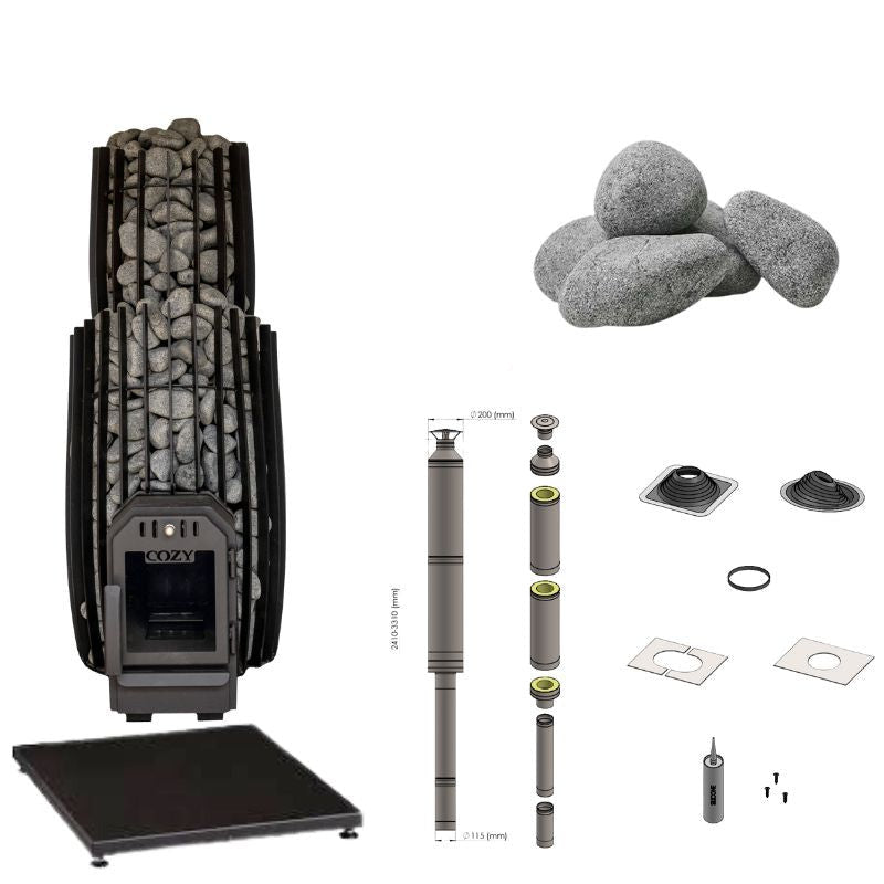 Cozy 18 SW Saunaofen Komplettset mit Holzofen, Schornsteinset, Bodenplatte, Saunasteinen, Montageset