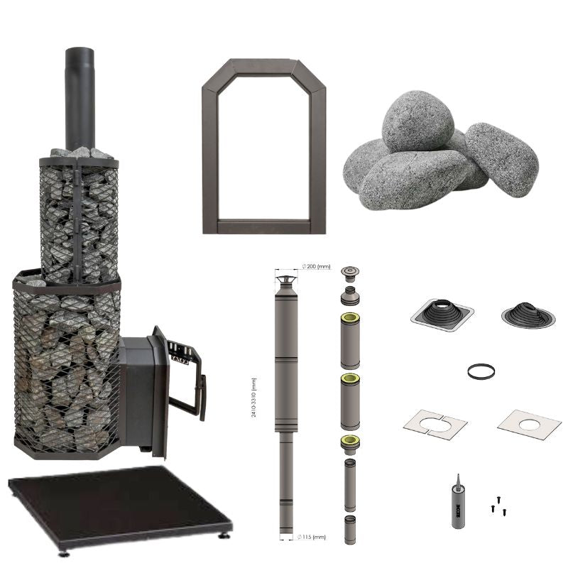 Abbildung des Cozy 18 Saunaofen-Komplettsets: leistungsstarker Holzofen mit Frontbefeuerung, inkl. 160 kg Saunasteinen, Schornstein-Komplettsystem, Bodenplatte, Frontabdeckung und Montagematerial – perfekt für großzügige Saunen bis 22 m³.