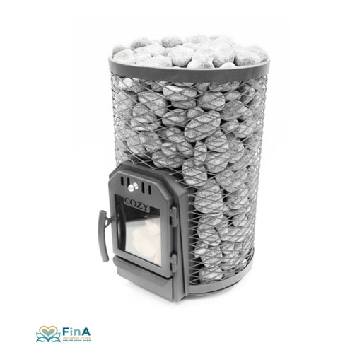 Cozy 12 O Holzsaunaofen – Frontalansicht mit geöffnetem Feuerraum und robustem Gitterkorb