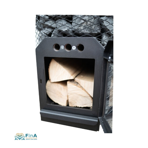 COZY 18 Holzofen mit offener Brennkammer und Feuerholz – leistungsstarker Saunaofen für traditionelles Saunaerlebnis