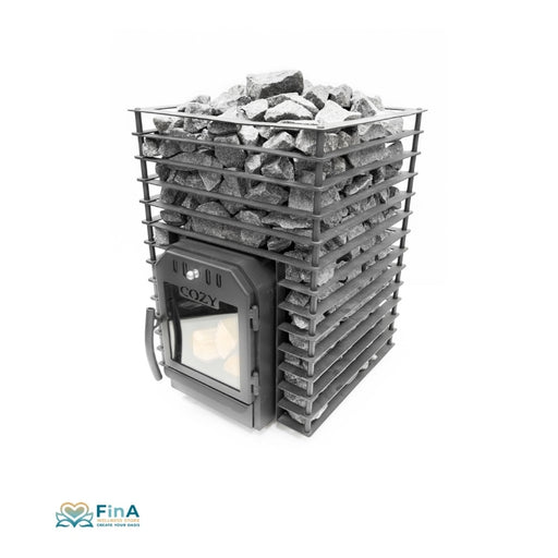 Leistungsstarker Holz-Saunaofen COZY 18 QUATTRO mit geschlossener Glastür und großer Steinfüllung – ideal für Aufgüsse.