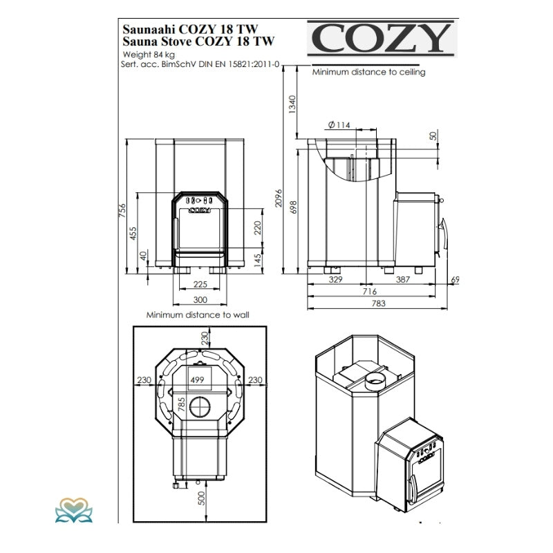 Technische Zeichnung des FinA COZY 18 O Saunaofens mit Front-, Seiten- und Draufsicht, Abmessungen (628×756×2096 mm), Gewicht 70 kg sowie Mindestabständen zur Wand und Decke gemäß DIN EN 15821 – präzise Saunaofen-Abmessungen für Planung und Einbau.