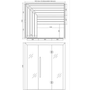 Maßzeichnung EAGO AWT E1622C Hemlock Sauna 180x160 mit Draufsicht der Sitzbank und Frontansicht der Glastür für 2-4 Personen