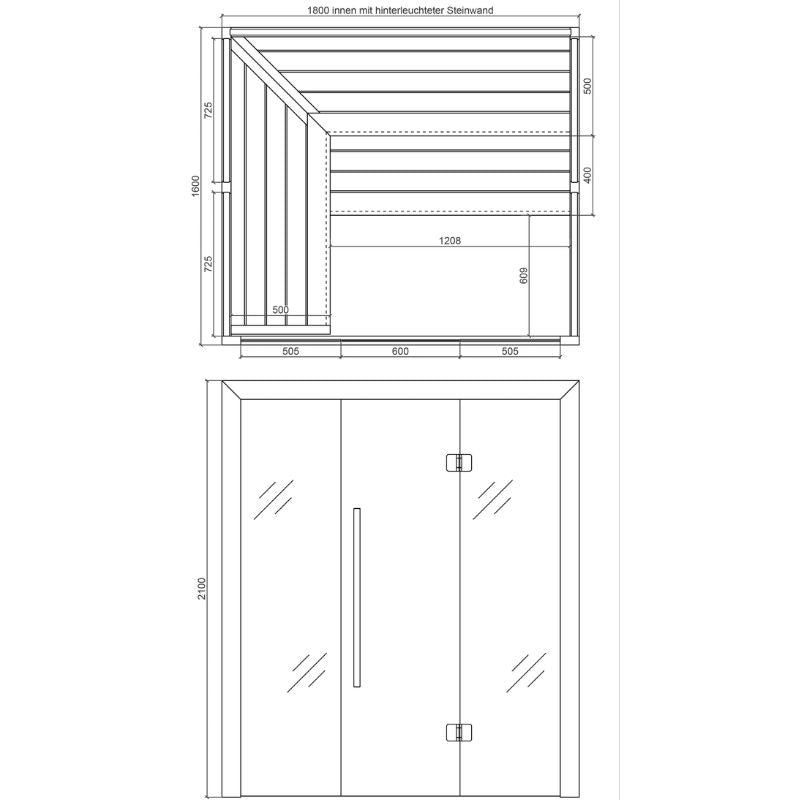 Maßzeichnung EAGO AWT E1622C Hemlock Sauna 180x160 mit Draufsicht der Sitzbank und Frontansicht der Glastür für 2-4 Personen