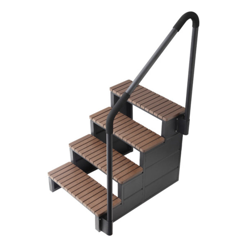 EAGO AWT Pooltreppe grau mit vier Stufen aus Holz und schwarzem Stahlrahmen mit ergonomischem Griff zum Betreten und Verlassen von SwimSpas.