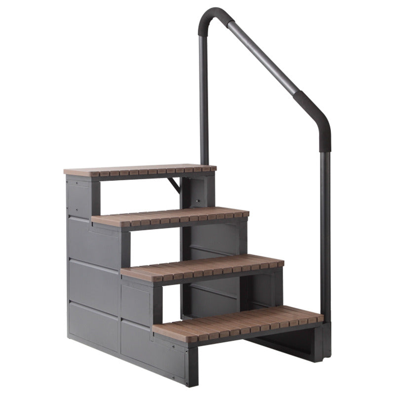EAGO AWT Treppe in Grau mit vier Holzstufen und Handlauf für SwimSpas, seitliche Ansicht