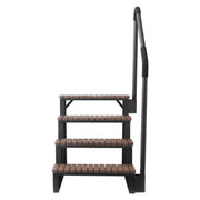 Treppe für SwimSpa von EAGO AWT mit vier braunen Holzstufen, schwarzem Stahlrahmen und abnehmbarem Handlauf aus Kunststoff