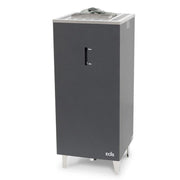 EOS Saunaofen mit anthrazitfarbenem Gehäuse, Steuerung mit Max- und Min-Regler sowie Saunasteine oben auf der Heizeinheit