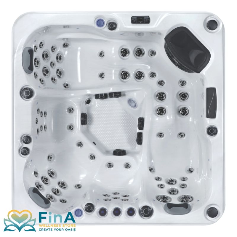 Draufsicht auf den FinA Fluxera Outdoor Whirlpool mit 5 Sitzplätzen, 75 Düsen und ergonomischer Anordnung