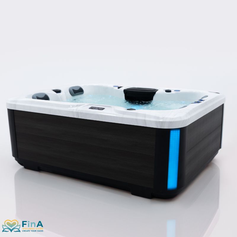 FinA Aqualora Outdoor Whirlpool in edlem Design mit seitlicher LED-Beleuchtung – luxuriöse Ausstrahlung bei Tag und Nacht.