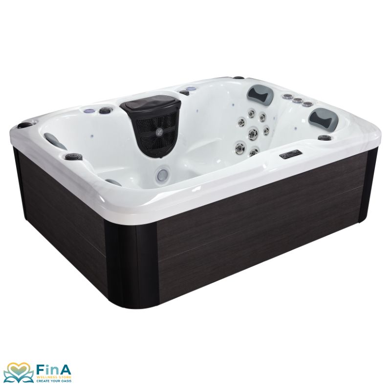 Freigestellte Seitenansicht des FinA Aqualora Outdoor Whirlpools ohne Wasser – stilvolles Zusammenspiel aus dunkler Verkleidung und weißer Acrylwanne.