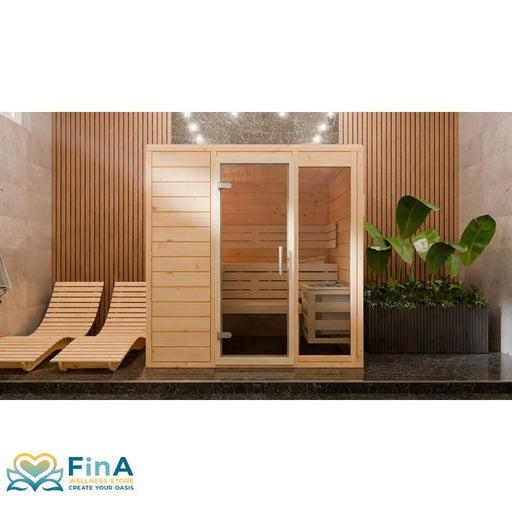 Frieda Innensauna von FinA Wellness mit eleganter Glasfront, hellen Fichtenholzwänden und Liegebänken in stilvollem Wellnessbereich mit Pflanzen