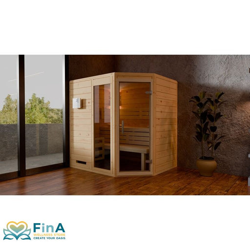 Hochwertige Ecksauna Frieda aus Massivholz von FinA Wellness – stilvoll integriert in moderne Wohnumgebung mit Glasfront