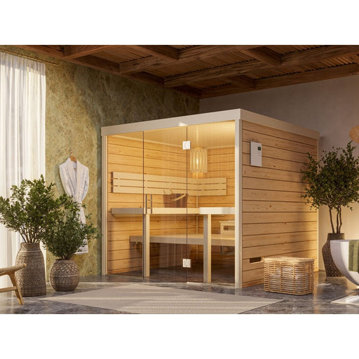  Saunaliege mit beleuchtetem Seitenfenster in der Frieda Lux Sauna – Detailansicht