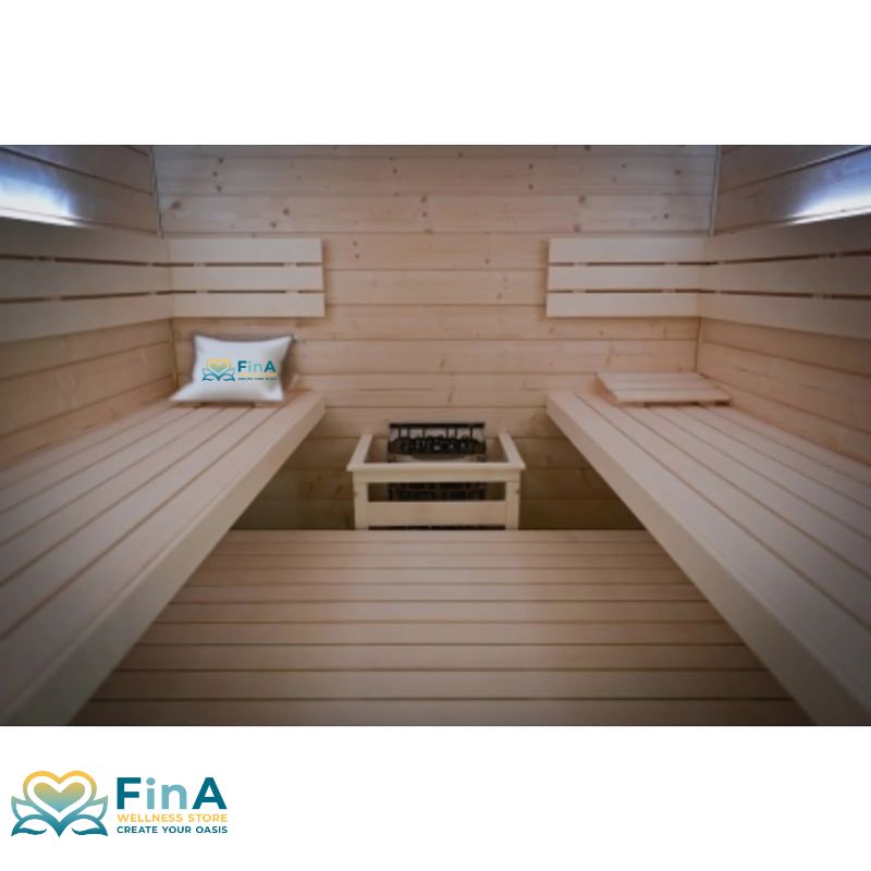  Frieda Lux Glas-Sauna im Innenraum mit moderner Einrichtung und warmem Licht