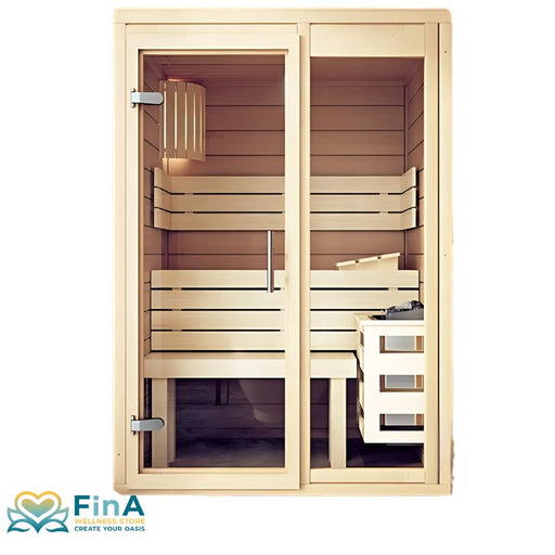 FinA Wellness Frieda Mini Sauna aus Holz mit zwei Glastüren, hellen Holzbänken und integriertem Saunaofen auf der rechten Seite