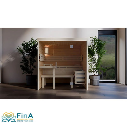 Frontansicht der FinA Wellness Frieda Sauna mit moderner Glasfront und Innenansicht mit Bank und Ofen