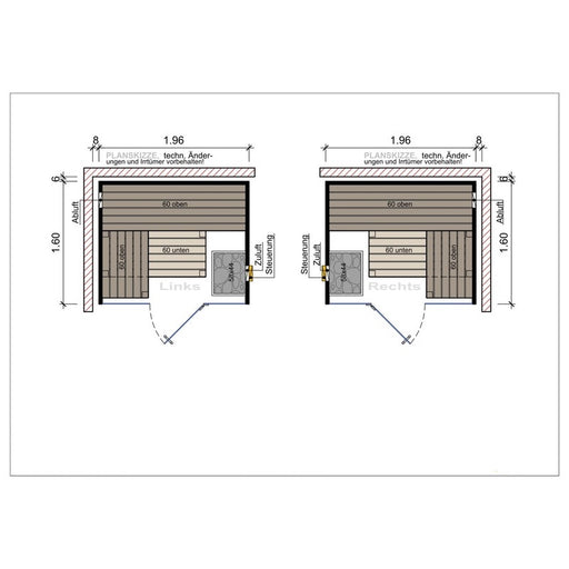 Technische Zeichnung der Frieda Sauna mit Glasfront in der Ausführung 1,96 x 1,60 m, rechts und links geöffnet